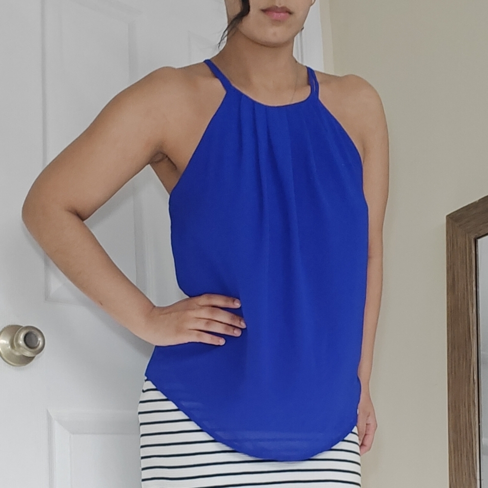 Monteau Sz Small Royal blue‎ Sleeveless halter Top Blouse  Pleated High Collar
